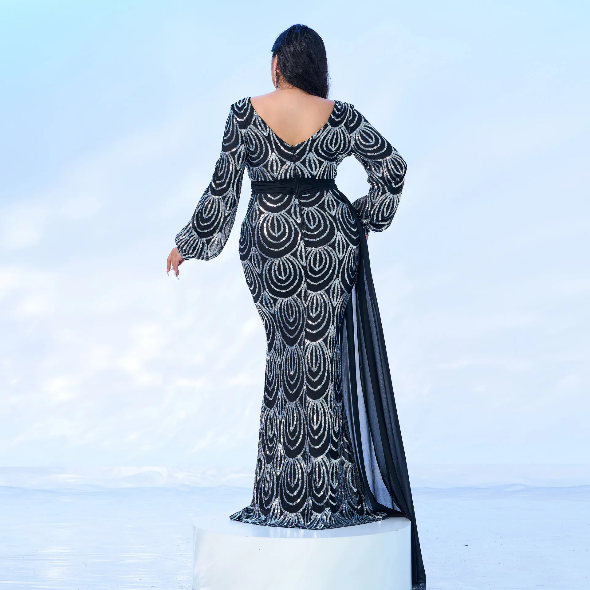 plus Size Long Sve V-Ne Evening Dr Sparkling Tie Belted Maxi Dr Formal Gown Women's plus Size Clothing