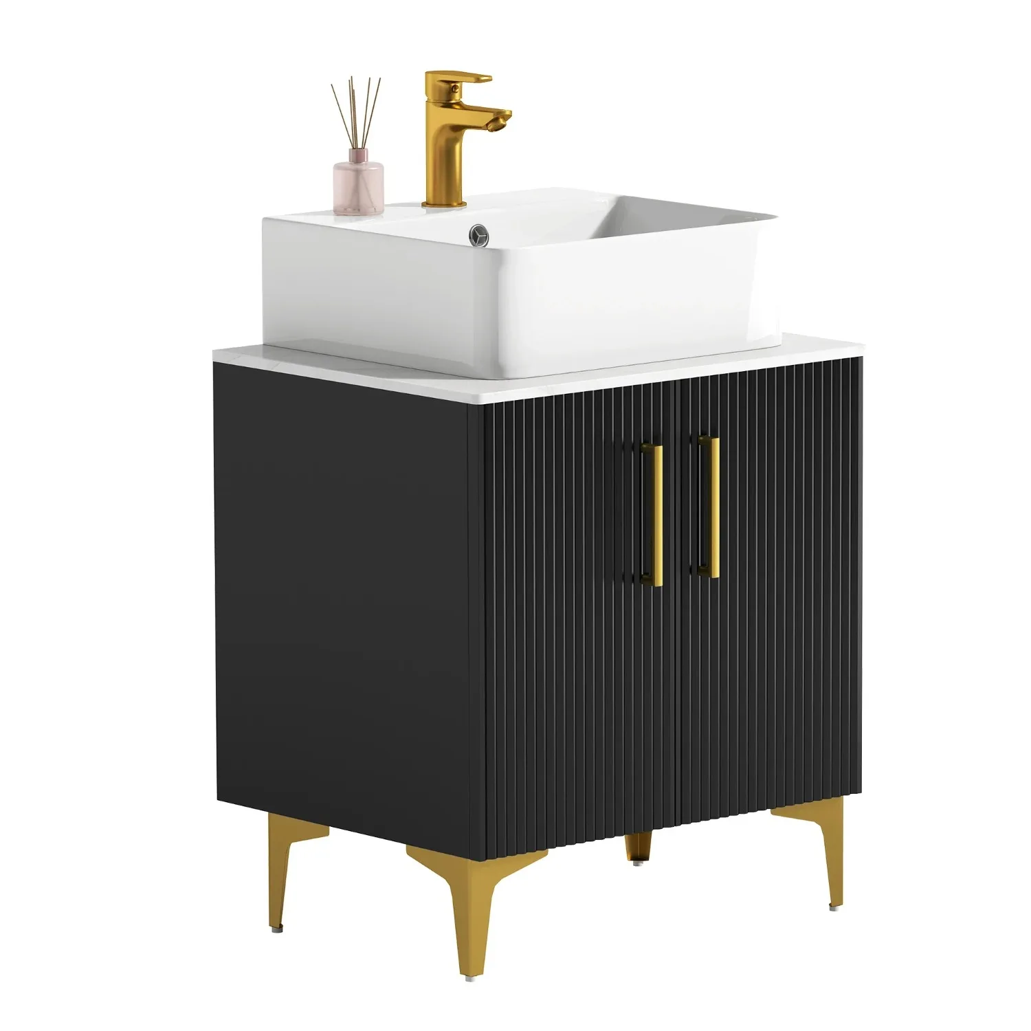 Bathroom Vanity with Countertop Sink Combo 24 Inch, Modern Bathroom Storage Cabinet with Drain & Door, Black and Gold