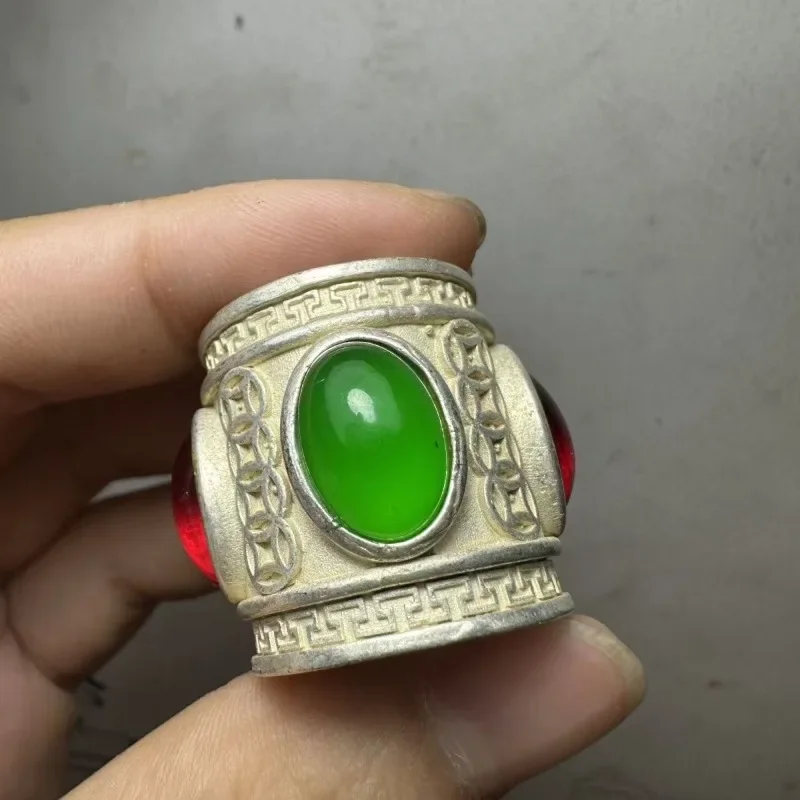 الصين القديمة الفضة التبتية مطعمة خمر الأحجار الكريمة الحمراء الشعبية مخصص خاتم الرجال غرامة الأزياء والمجوهرات هدية