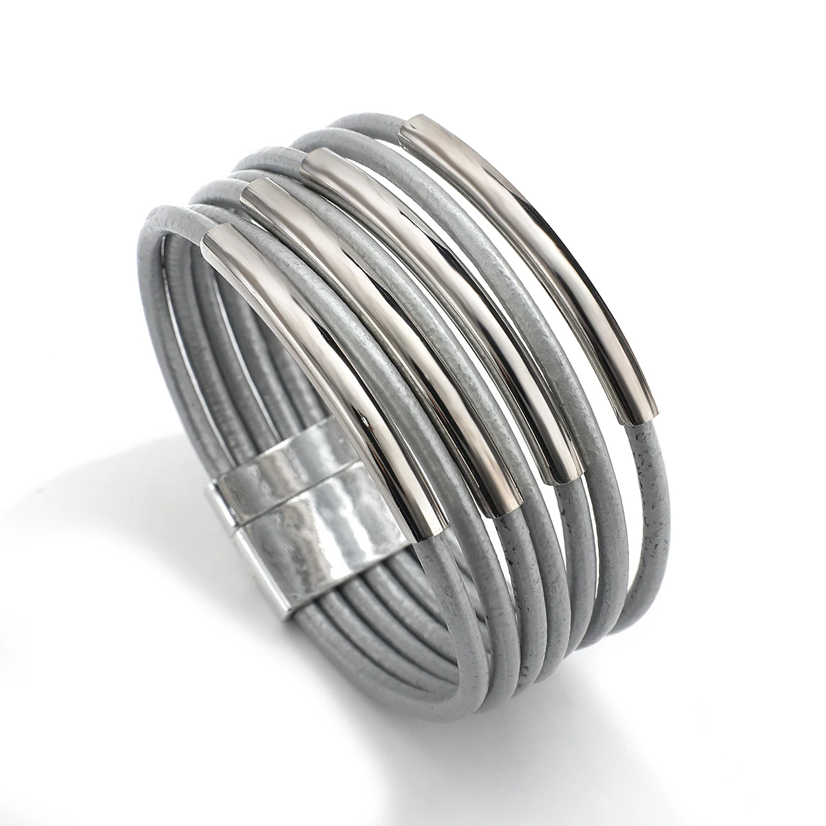 

Amorcome Boho Multi Layered Simple Thick Curved Tube Leather Bracelet for Women Metal Bars Wrap Bracelets Bangles Female Jewelry