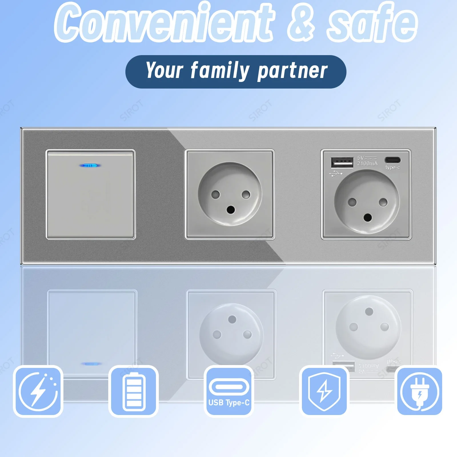SIROT Israel Wall Power Switch Socket 16A, Grey Crystal Glass Panel USB Type C Electrical Outlet for Israeli Home Bedroom Office view 4