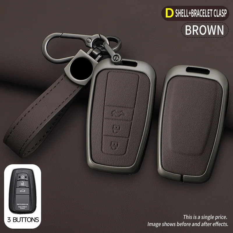 Car Zinc Alloy Leather Key Cases Holder Cover Chain For Toyota Prado Land Cruiser Camry CHR RAV4 3Buttons Protective Shell Bag