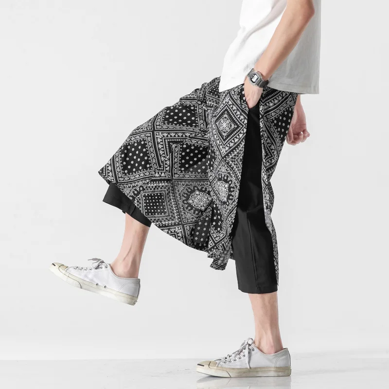 

Summer Men's Spor Wide Leg Harem Pants Seven-Quarter orts National Vintage Sle Cotton Low Waist Slim Fit Straight Tube