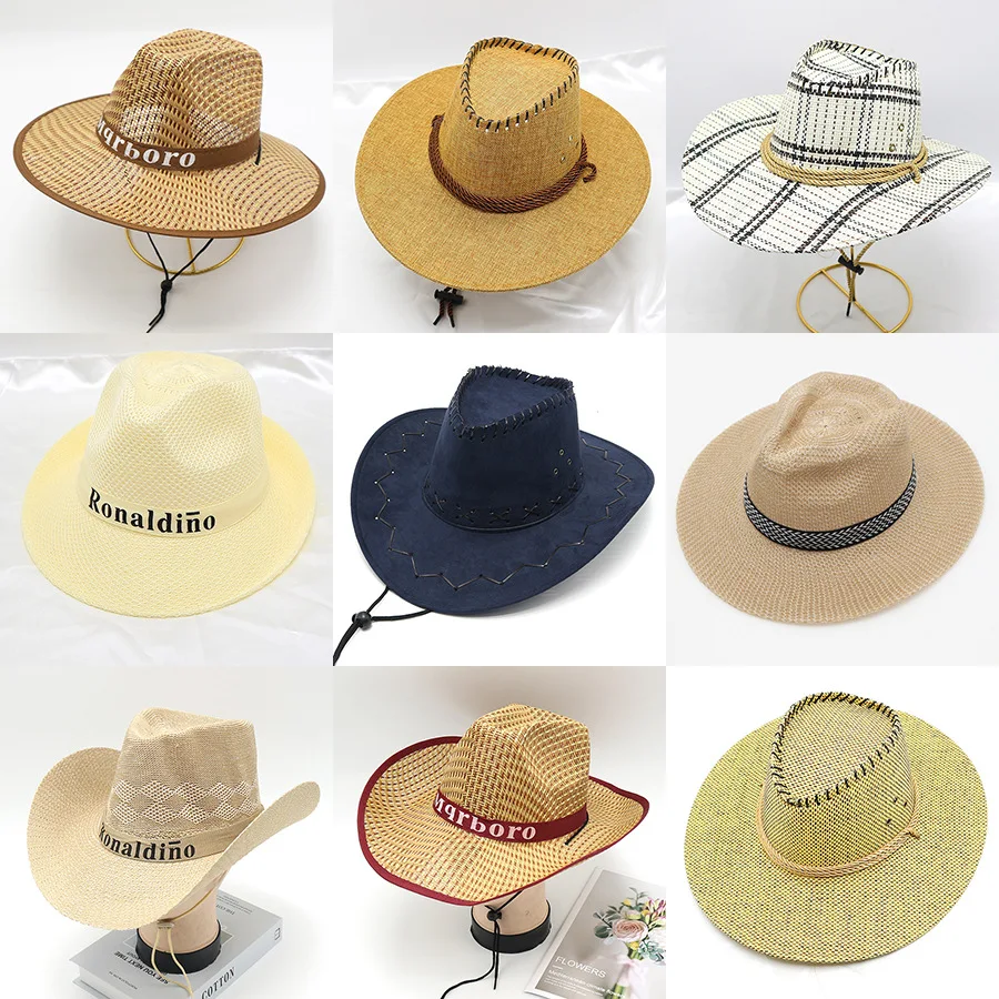 Straw Hat For Men Summer Outdoor Fishing Flat Edge Sunblock With Large Eave Shade Jazz Beach Western Cowboy Hat Sun Hat