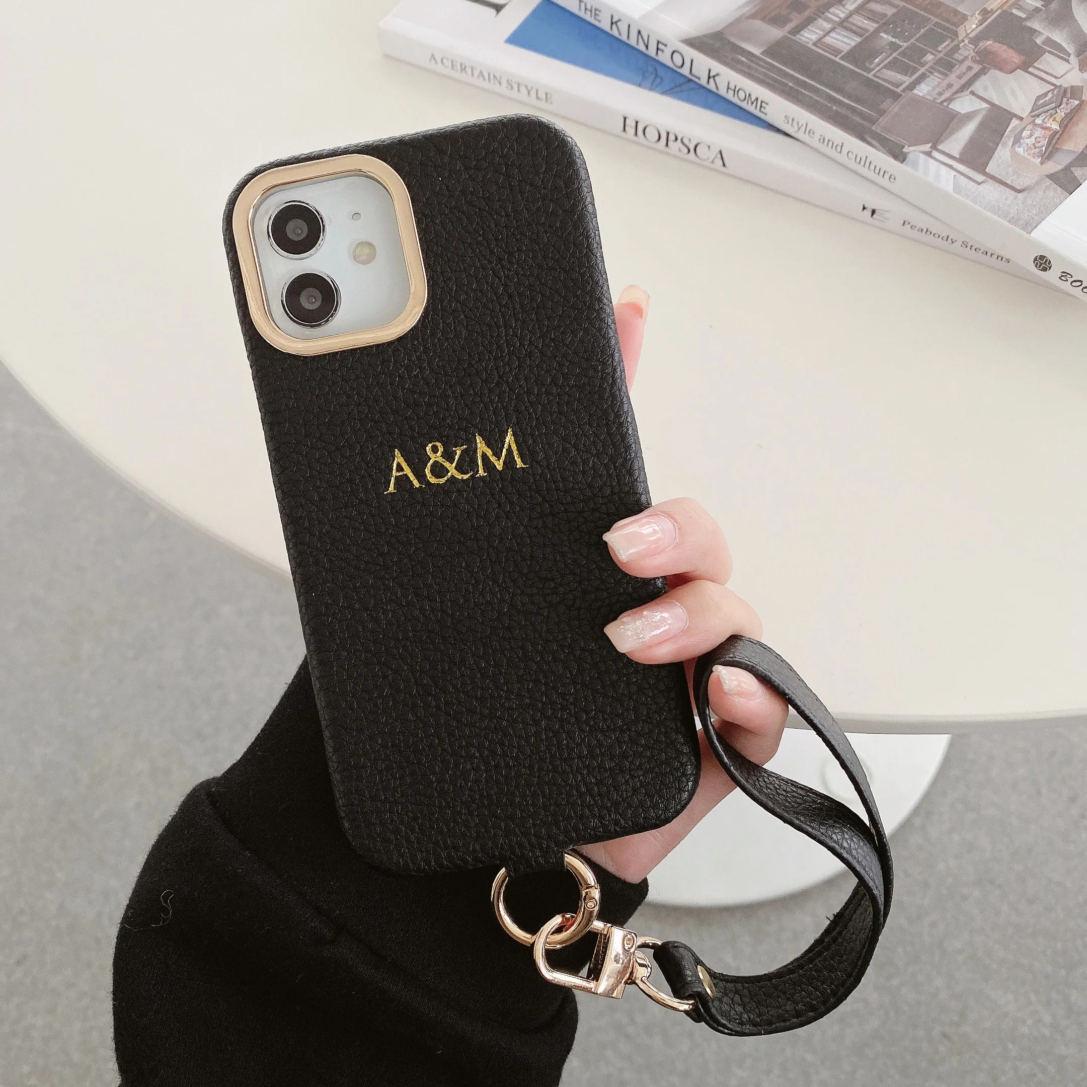 

Leather Custom Name engraving Gold Letter Phone Case for iPhone 16 15 13 14 11ProMax 16 15 14Plus 13 12 HandRope Cover