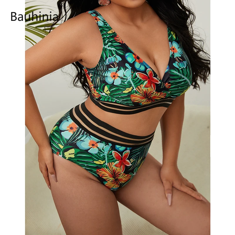 Bauhinia New 5XL Plus Size Swimsuits 2 Pieces Set Women High Waist Push Up Bikini Sets Flower Print Summer Large Bathing Suits