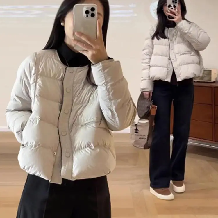 

Slimming Effect Korean Style round Neck Short Coat Bread Design Winter New Arrival Women's Fashion Outerwear Compact Fit