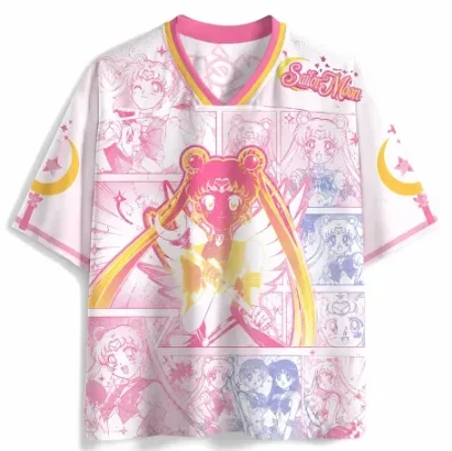 Pretty Girl Warrior Moon Hare White Pink V-neck Short Sleeve Cute Manga Panel Moon Star Anime Pattern Fan Top