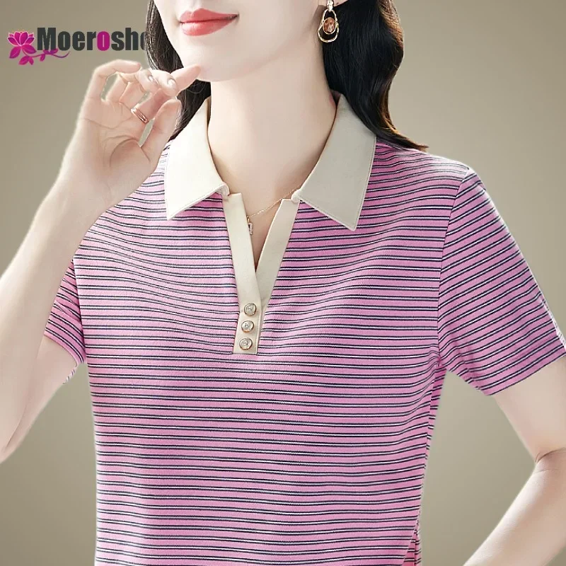 Women's Short Sleeve Striped POLO Shirt Golf Shirts Summer T-shirts Elegant Woman Original T-shirt Luxury Clothing Oversize Tops