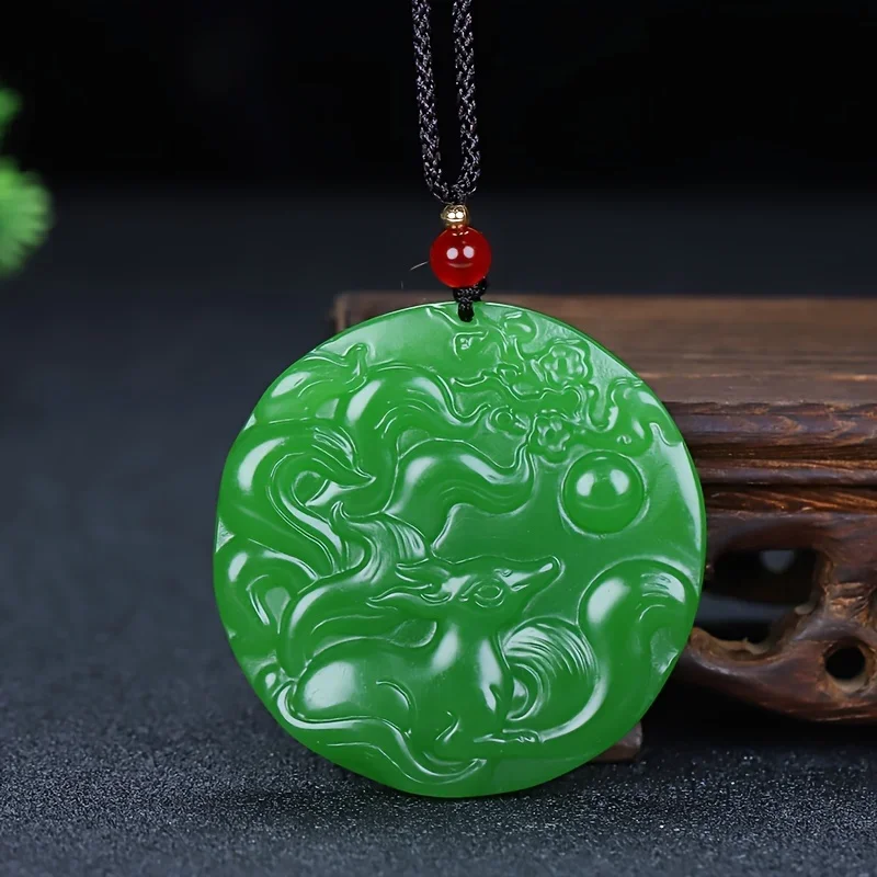 Pendentif renard à neuf queues, collier en Jade, pendentif de Couple rond vert pour hommes et femmes, bijoux à la mode, cadeau avec lanière, 1 pièce