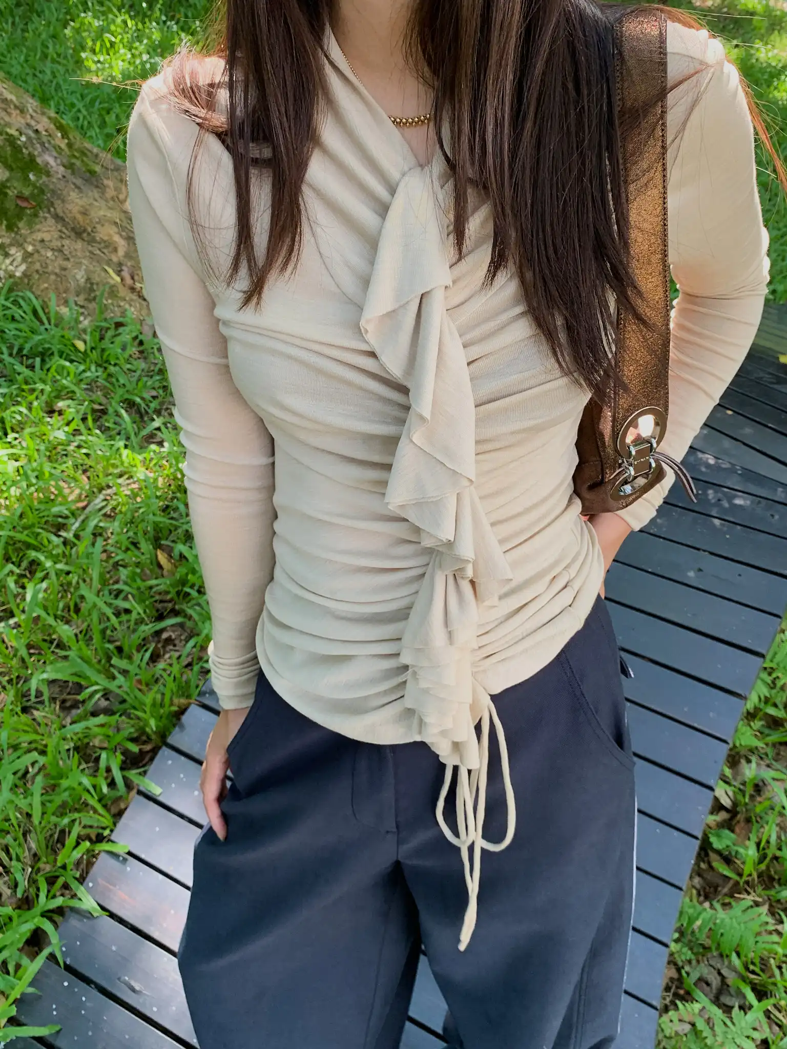 

Женская приталенная футболка LILUOP с длинным рукавом, шерстяной базовый слой с плиссировкой для осеннего сезона, модная женская одежда