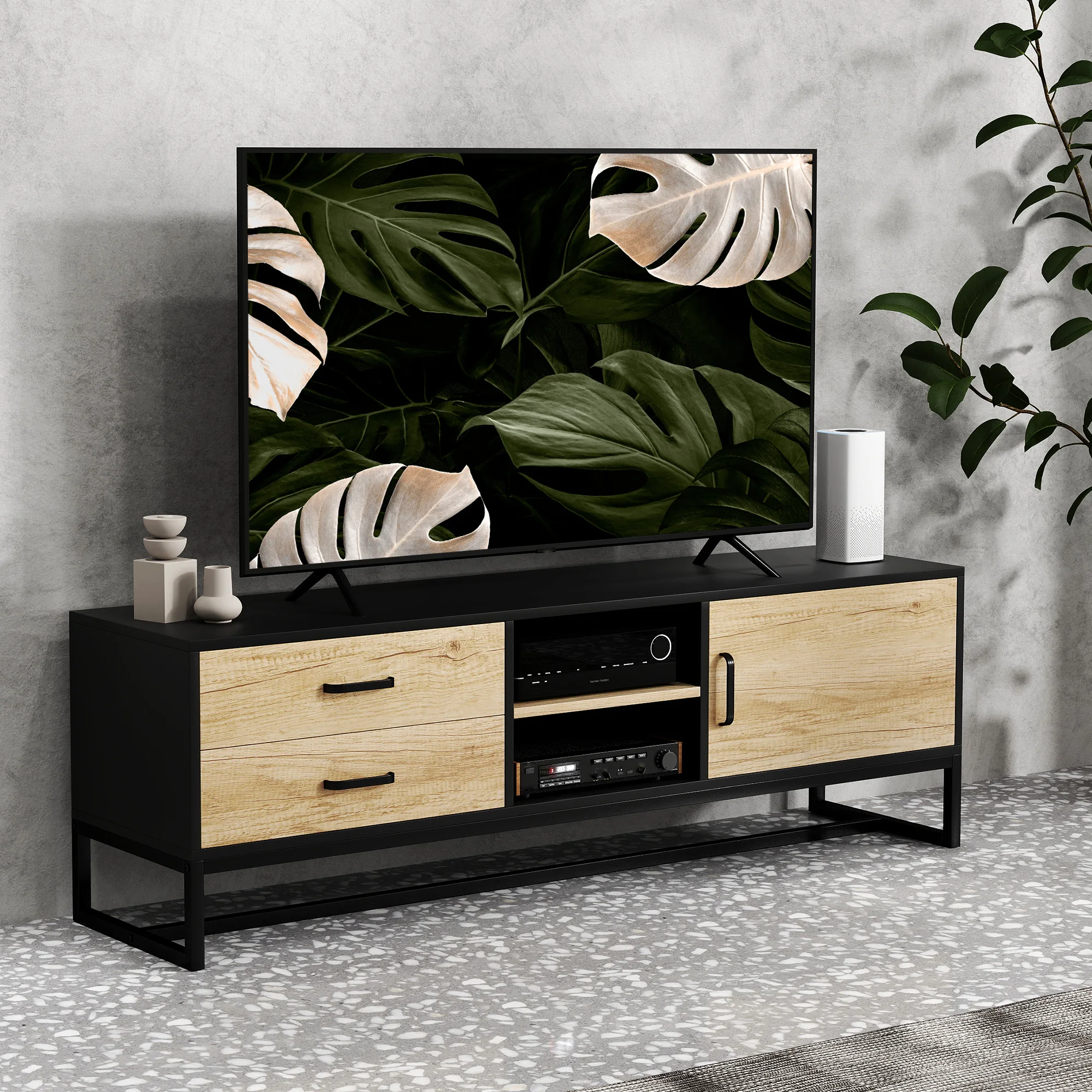 Soporte para TV de hasta 60 Pulgadas con Gabinete de Almacenamiento, Cajones y Gestión de Cables, Puertas con Cierre Suave