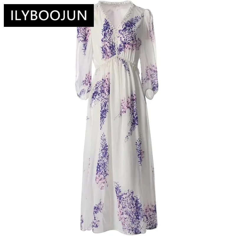 

ILYBOOJUN New Fashion Runway Designer Women's Dress V-Neck Lantern Sleeved Beading Print Holiday Midi Dresses