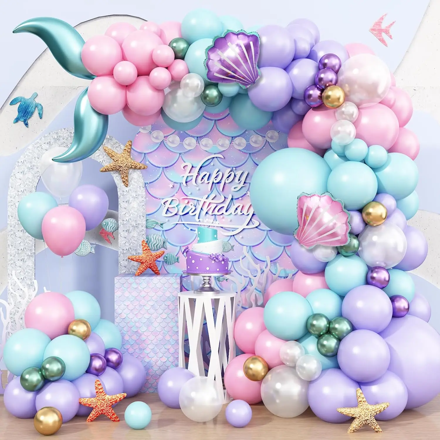 Geölbtes Meerjungfrauen-Ballon-Set, hellrosa, lila, blaugrün, transparenter Latexballon mit Meerjungfrauenschwanz, Muschelballons