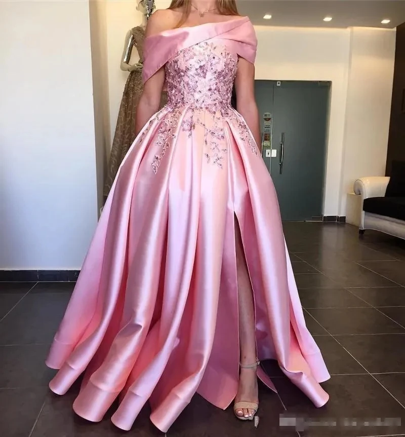 Modest Pink Satin Prom Dresses Pockets Off The Shoulder Side Slit Embroidery Appliqued A Line Floor Length Formal Evening Gowns