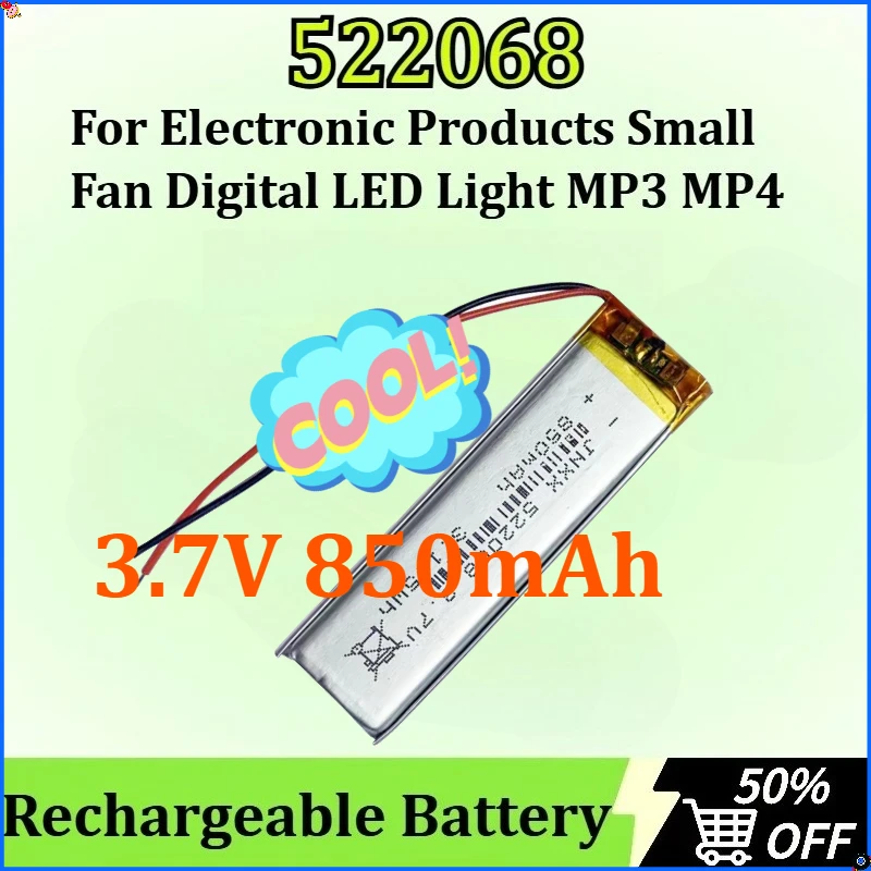 

For Electronic Products Small Fan Digital LED Light MP3 MP4 Rechargeable Polymer Lithium Battery New 522068 3.7V 850mAh