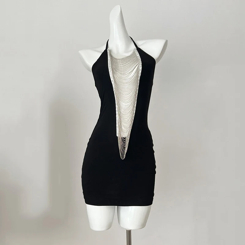 

Rhinestone Chain Tassel Mini Dress Sexy Evening Party Black Dresses Women Halter Backless Short Dress Female 2025 New Vestidos