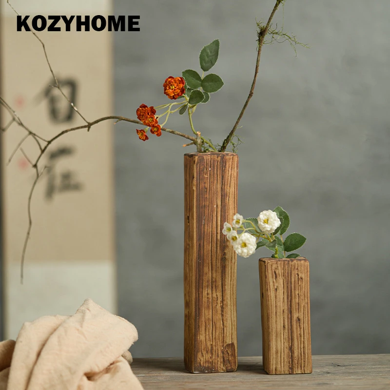 

KOZYHOME Imitation Wood Grain Ceramic Porcelain Tabletop Vase Vintage Wall Mounted Vase Home Ornaments Photography Props