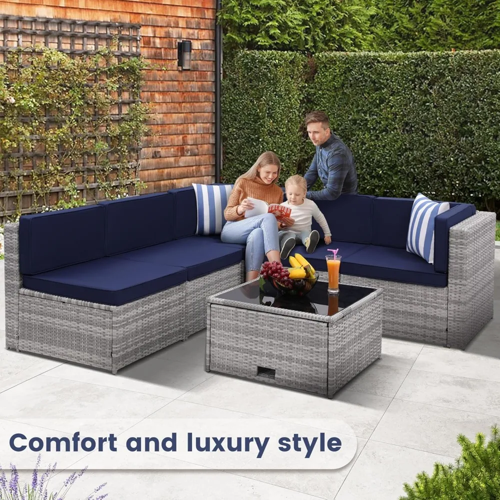 8 Piece Outdoor Wicker Patio Furniture Sectional Set, Glass Top Table with Hidden Storage, Includes 7 Seating Components