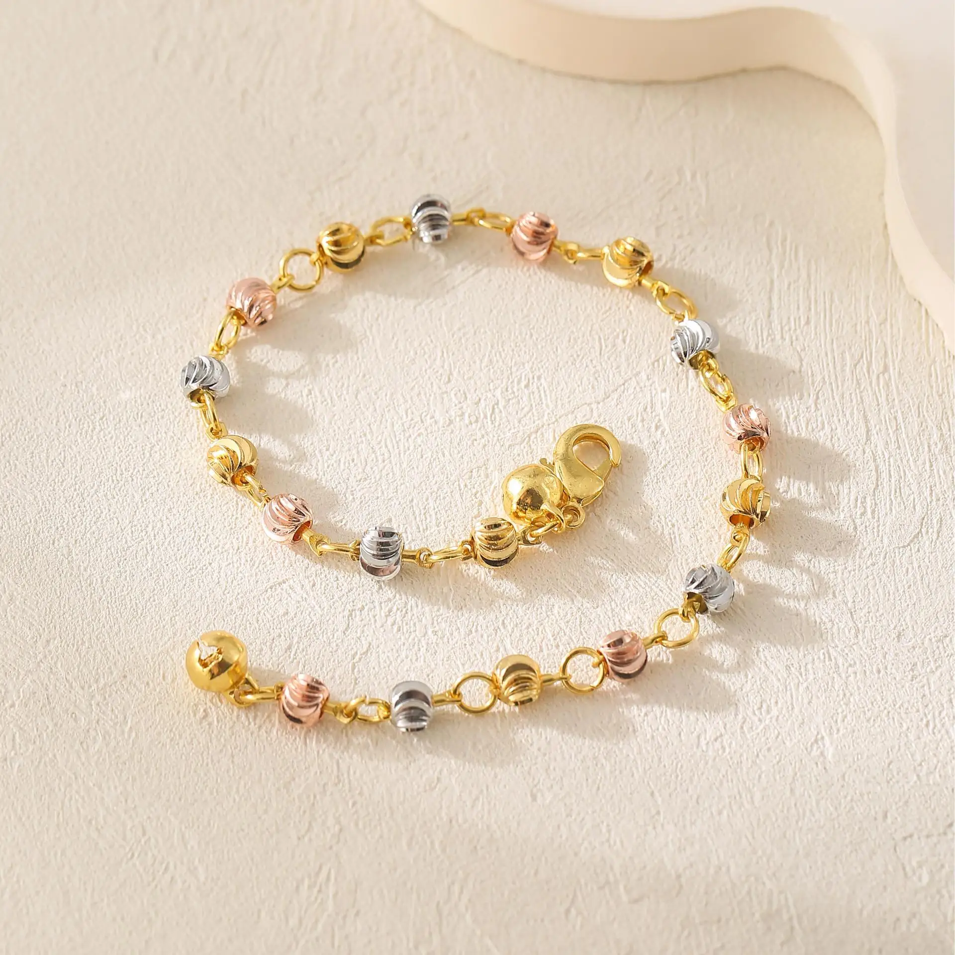 Tri-color Beaded Bracelet for Womene 18K Three-tone Gold Plated Bead Bracelet Durable Daily Wear