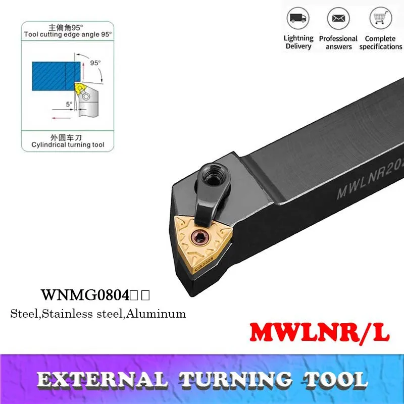 

Original MWLNR2020 MWLNR1616 MWLNR2525 MWLNR3232 WNMG Carbide Insert Lathe Bar CNC Cutting Tool Set External Turning Tool Holder