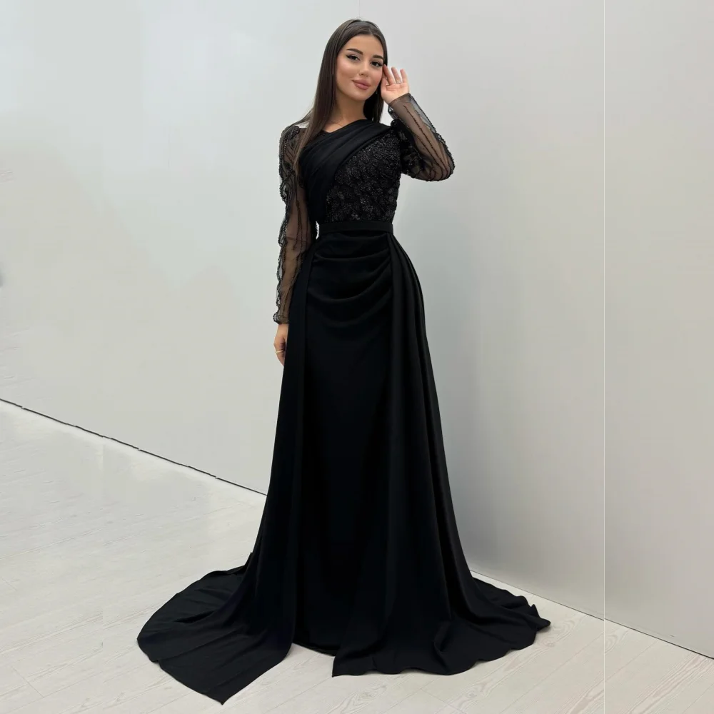 Customized Jersey Pleat Beading A-line Black Long Dresses Bespoke Occasion Women Luxury Evening Exquisite Party Gown