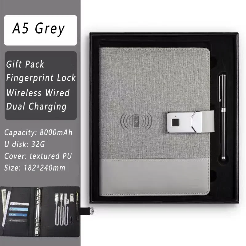 Rechargeable Notebook Fingerprint Unlocking + U Disk Wireless Power Bank Smart Electronic Password Lock Notepad Gift Box Set