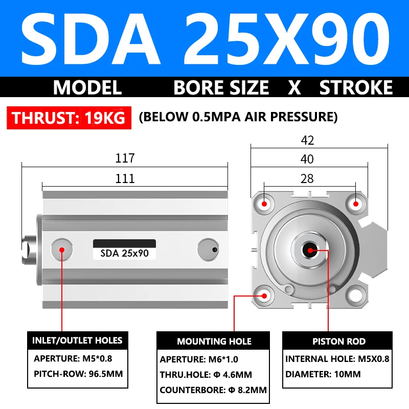 ABILKEEN SDA25X90 SDA Series Thin Air Cylinder 25MM Female Thread Bore X 90MM Stroke Double Acting Pneumatic Compact Cylinder
