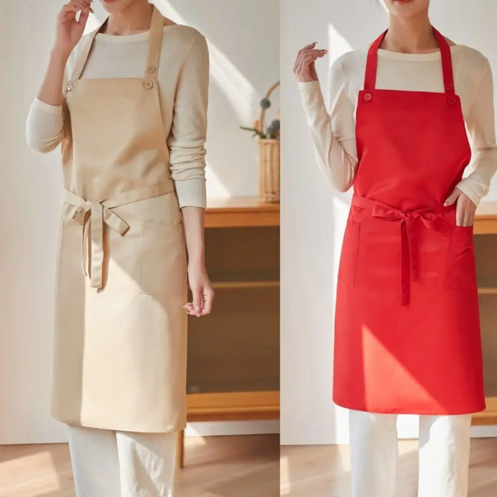 

Solid Color Waterproof Apron with Pocket with Adjustable Buckle Waiter Apron Thickened Polyester Fiber Cooking Apron BBQ