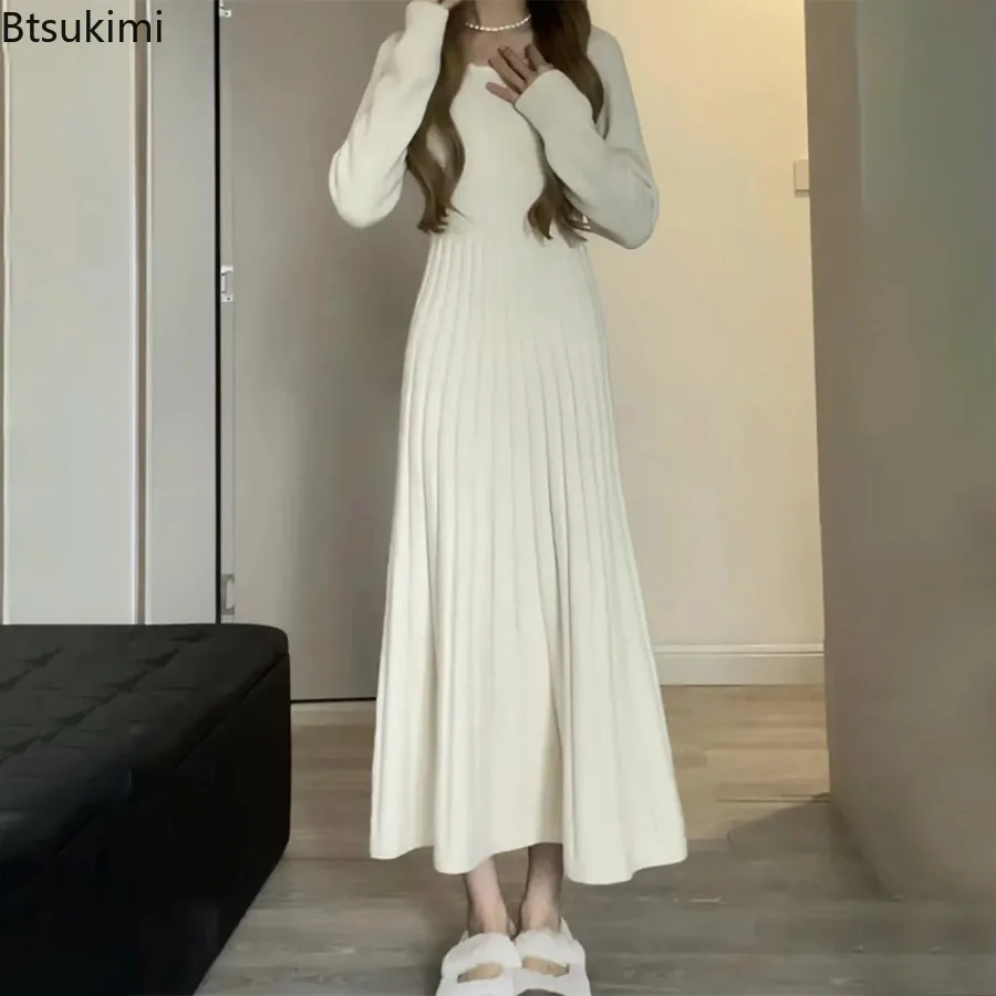 New 2024 Women\'s Knitted Sweater Long Dress Elegant Swing Casual Autumn Winter Knitted Korean Long Sleeve Sweet Female Clothing