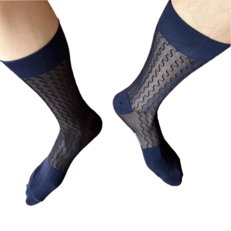 

L5YC Men's Breathable Sheer Nylon Thin Dress Socks with Waved Striped Design Middle Calf Business Formal Socks Hosiery Gift