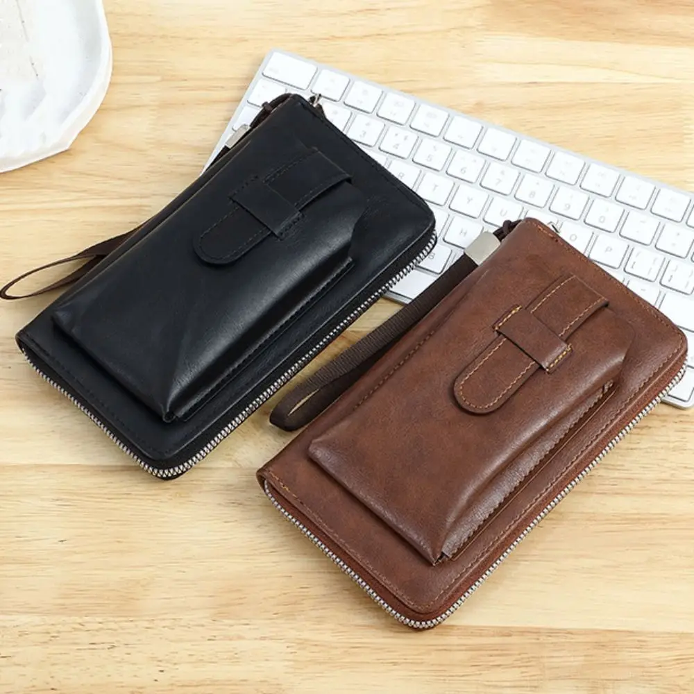 

Multifunction Men's Long Wallet Zipper Solid Color Clutch Phone Bag Money Clip PU Leather Business Coin Purse Outdoor