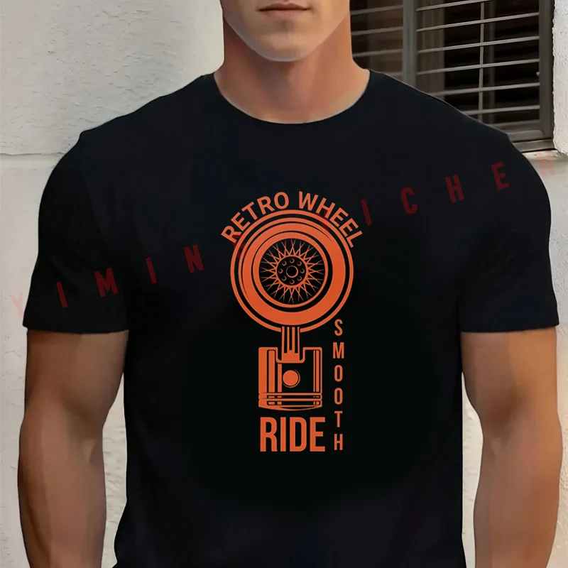 

Retro Wheel Smooth Ride Motorcycle T-Shirt Men‘s Cotton Summer Short-sleeved Casual Streetwear Tops Tee