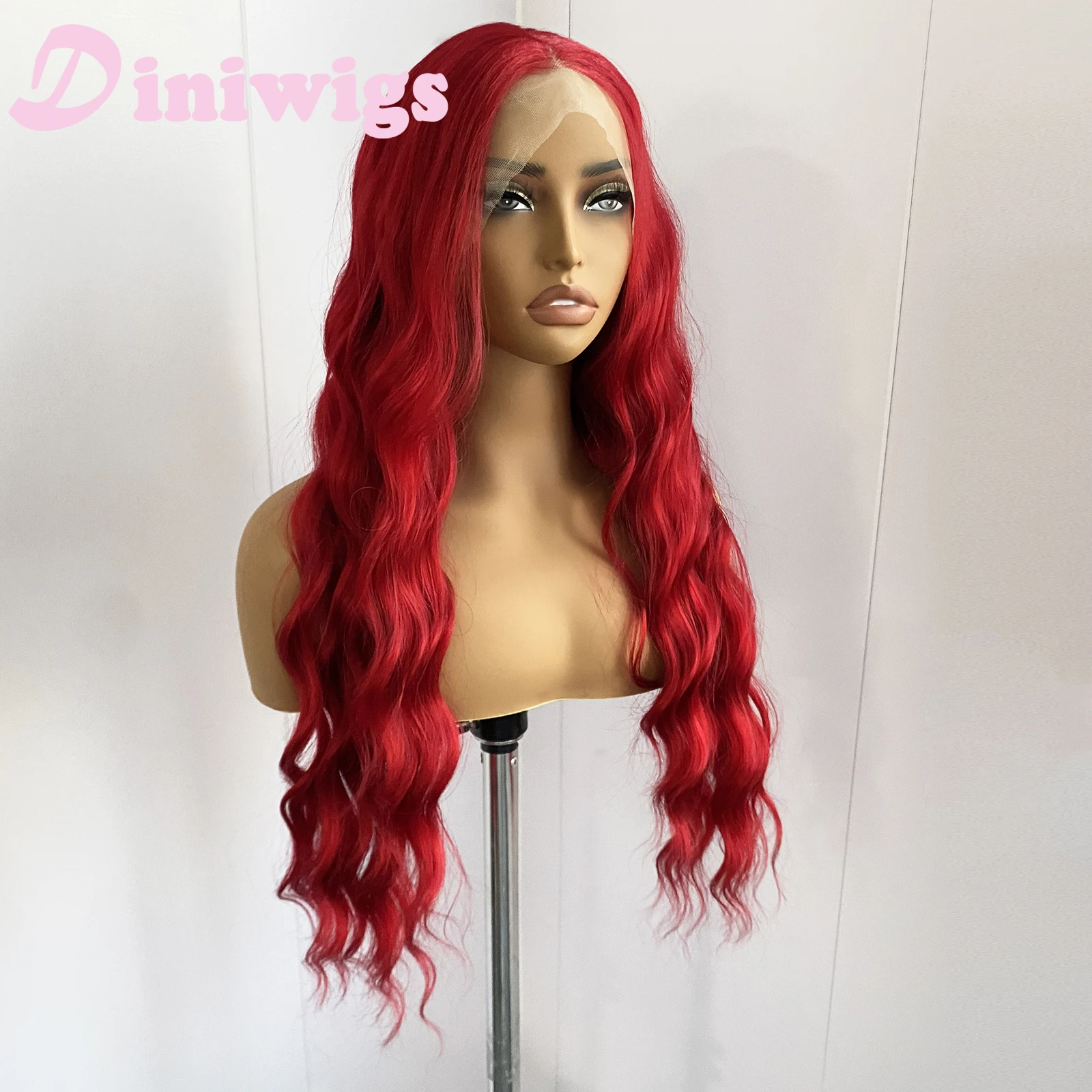 Diniwigs الأحمر الدانتيل شعر مستعار أمامي طويل الجسم موجة الاصطناعية الدانتيل الباروكة شعري طبيعي الاستخدام اليومي تأثيري الباروكات للنساء مقاومة للحرارة
