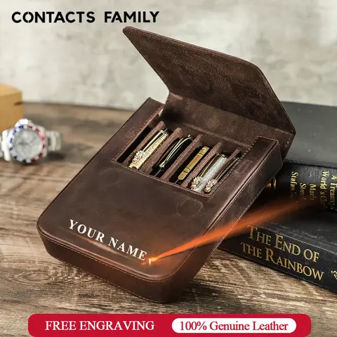 CONTACT'S FAMILY Handmade Fountain Pen Case Genuine Leather Holder Pencil Pouch Retro Pen Box Organizer School Office Men Women