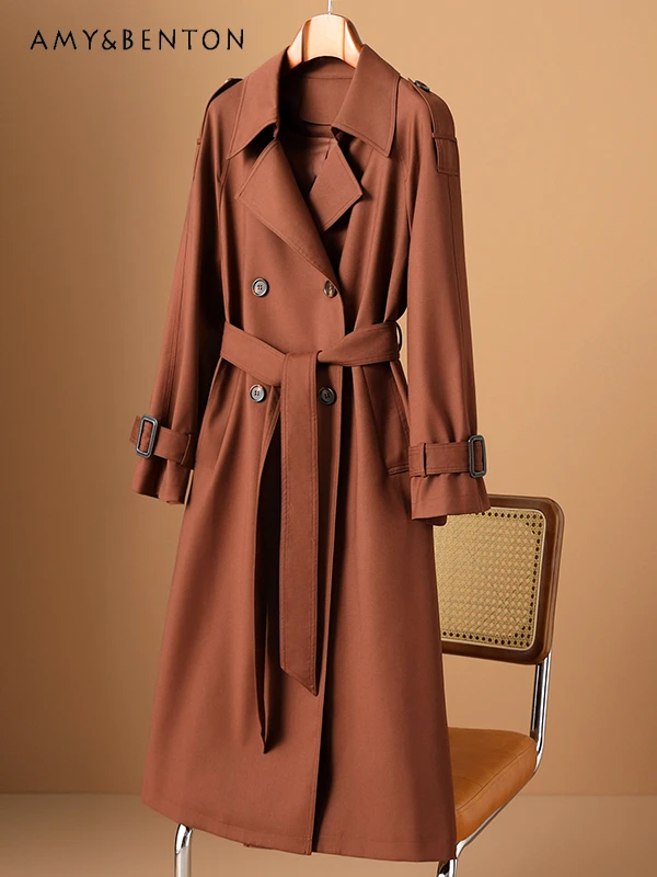 

Commuter Style Temperament Cross-neck Mid-calf Trench Coat Women Spring Autumn High-end Double-breasted Belt-strapped Trench