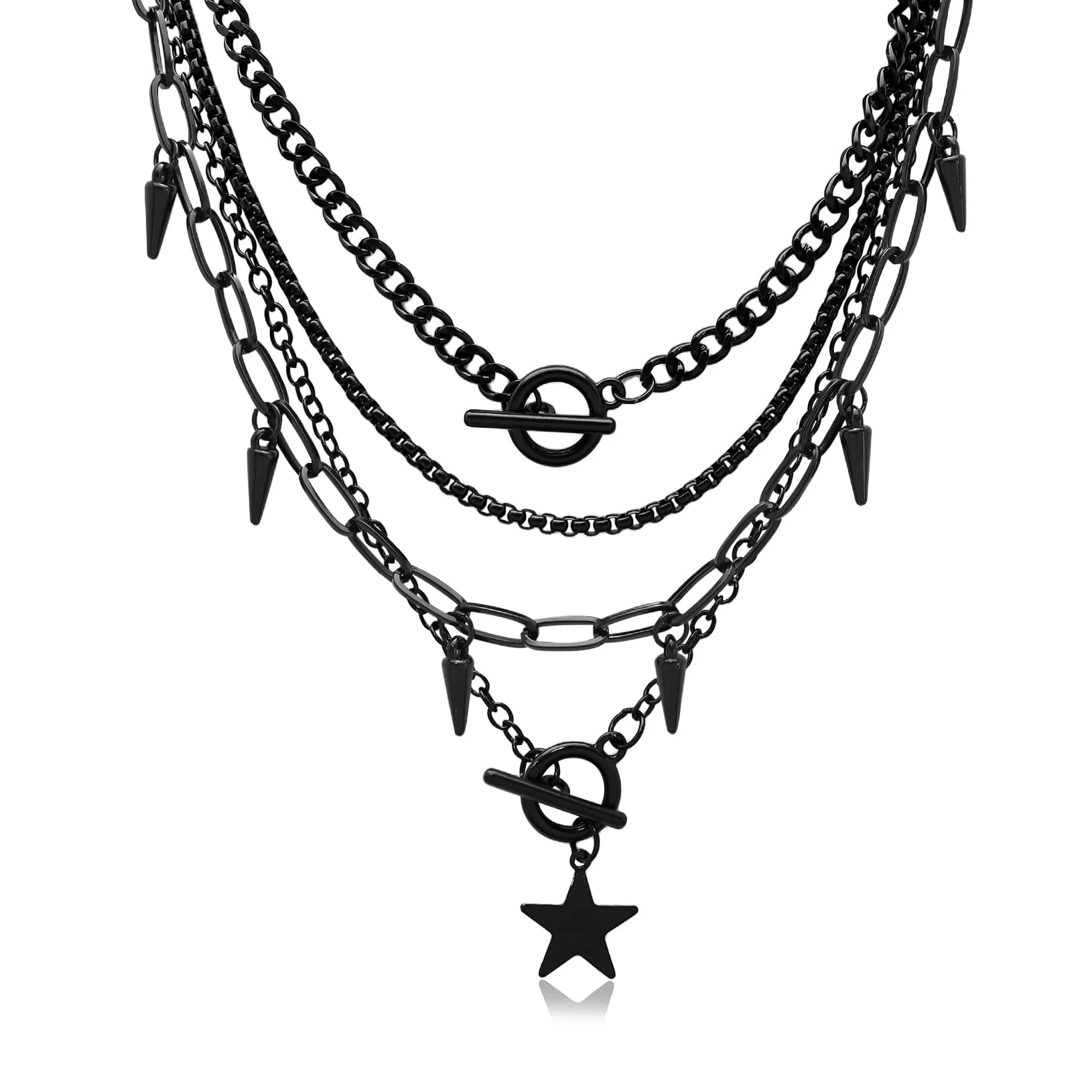 Layered Star Goth Necklace & Emo Studded Bracelets Set, Unisex
