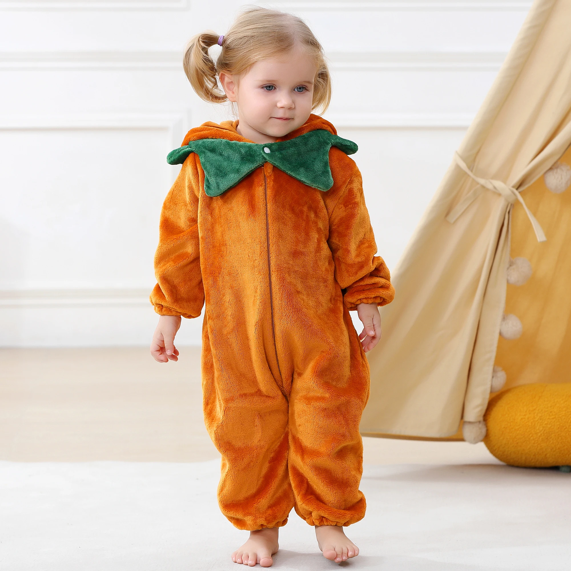 MICHLEY Halloween Kürbis Baby Cartoon Strampler Winter Neugeborenen Kapuzenkleidung Jungen Mädchen Schlafanzug Einteiler Jumpsuit für Jungen Mädchen – Detail 4