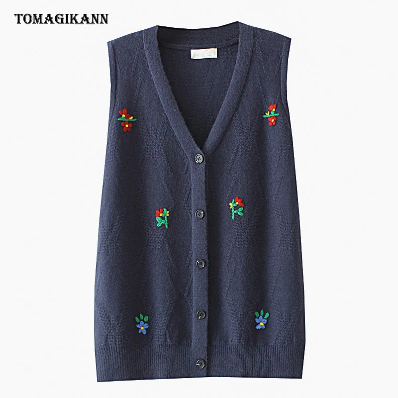 Women Sweater Vest Autumn V Neck Single Breasted Full Sleeve Floral Embroidery Ladies Knitted Cardigan Clothing Tops