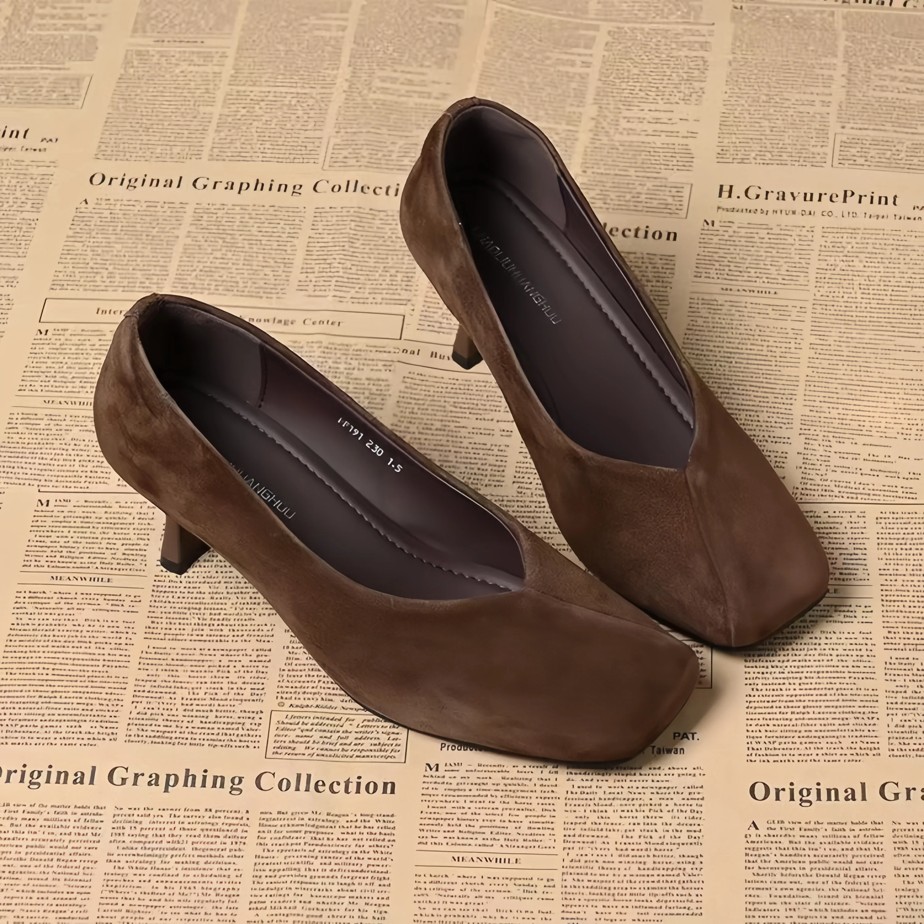 

Retro Genuine Leather Thin Heel High Heels Women's Spring Autumn New Sle oes Aosphere Square Head Slow Mouth Versati...