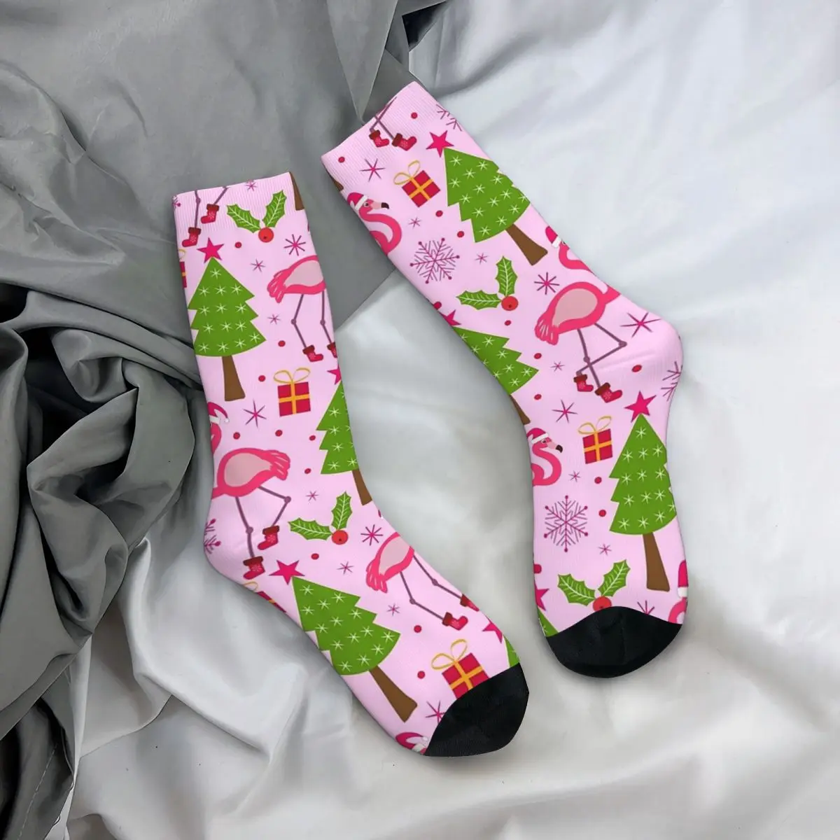 Christmas Tropical Flamingo With Pine Tree On Pink Socks Harajuku Stockings All Season Long Socks for Man Woman Birthday Present