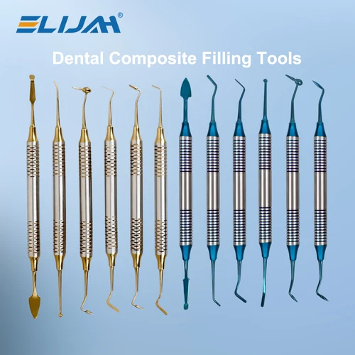 Imagen 1 del producto ELIJAH 6 uds/Kit espátula de relleno de resina compuesta de ortodoncia herramienta de restauración cabeza chapada en titanio juego de relleno de resina mango grueso