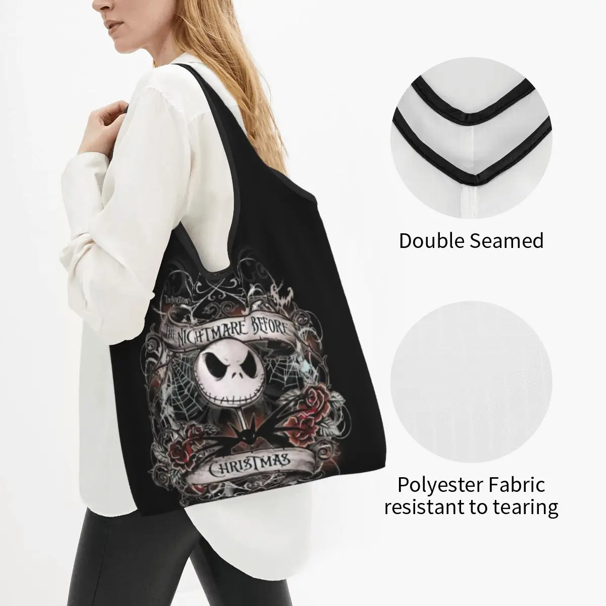 Custom Funny Printing Jack Skellington Shopping Tote Bag Portable Shoulder Shopper Pumpkin King Handbag