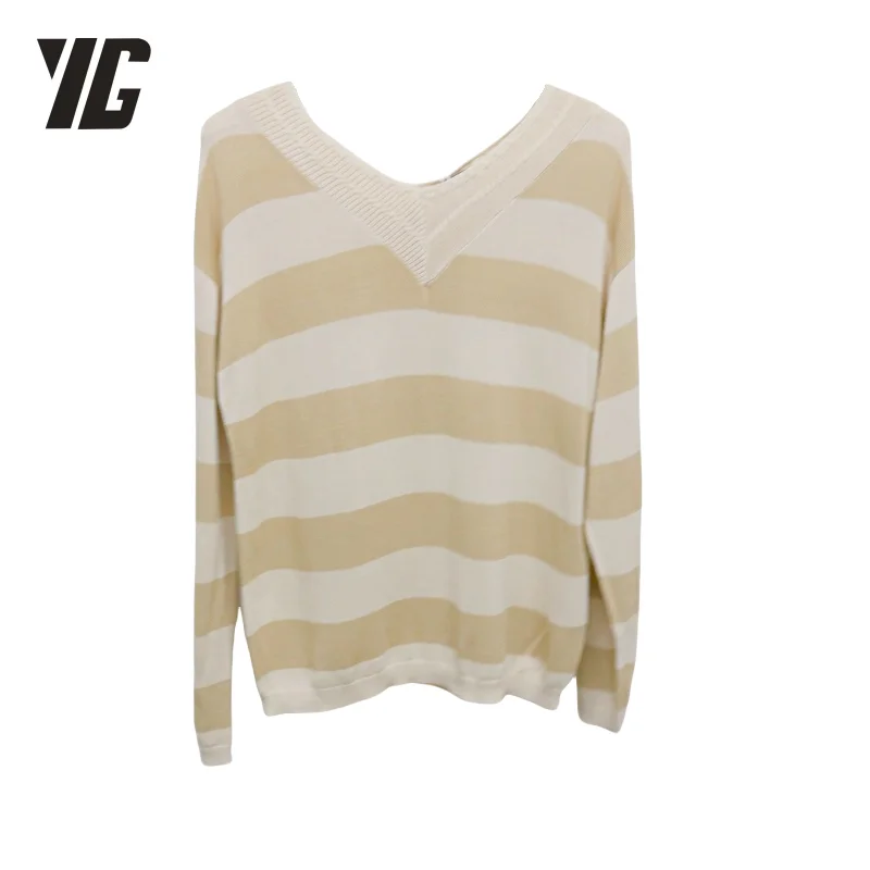 

YG Classic Fashion Stripe Women's Knitted Sweater V-neck Loose and Comfortable Women's Long sleeved Top Pullover Free Shipping