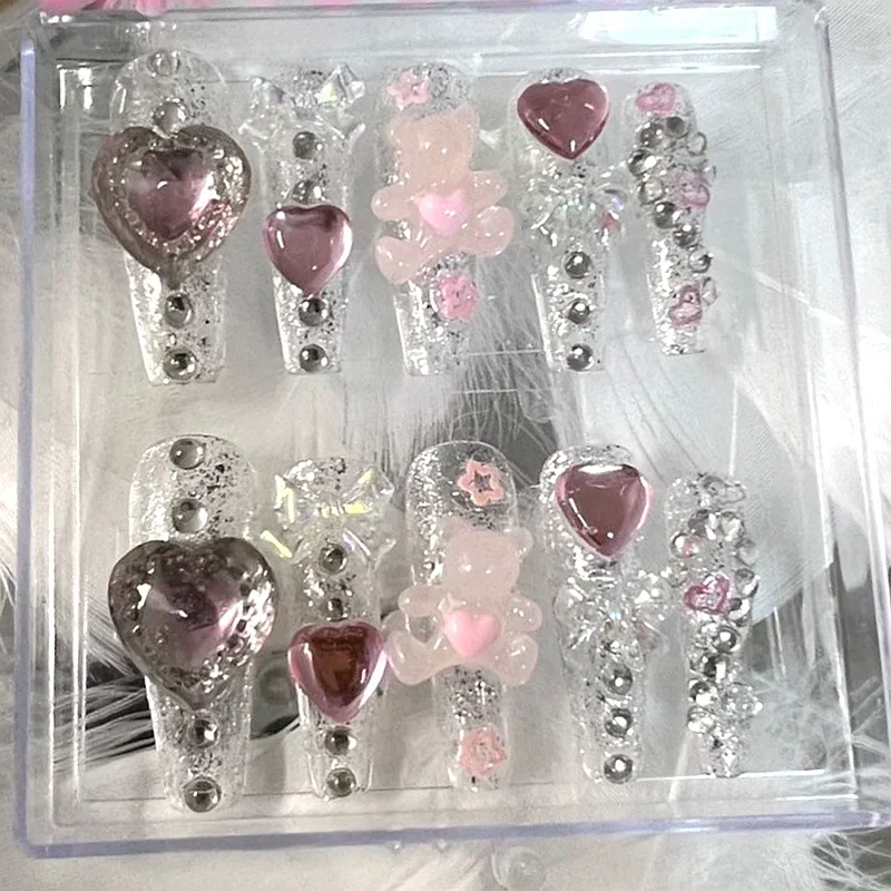 10PCS Handmade Cute Bear Acrylic Press On Nail Y2K Short False Nails Stickers Thick Long Coffin Fake Nail With Glue Custom Gift