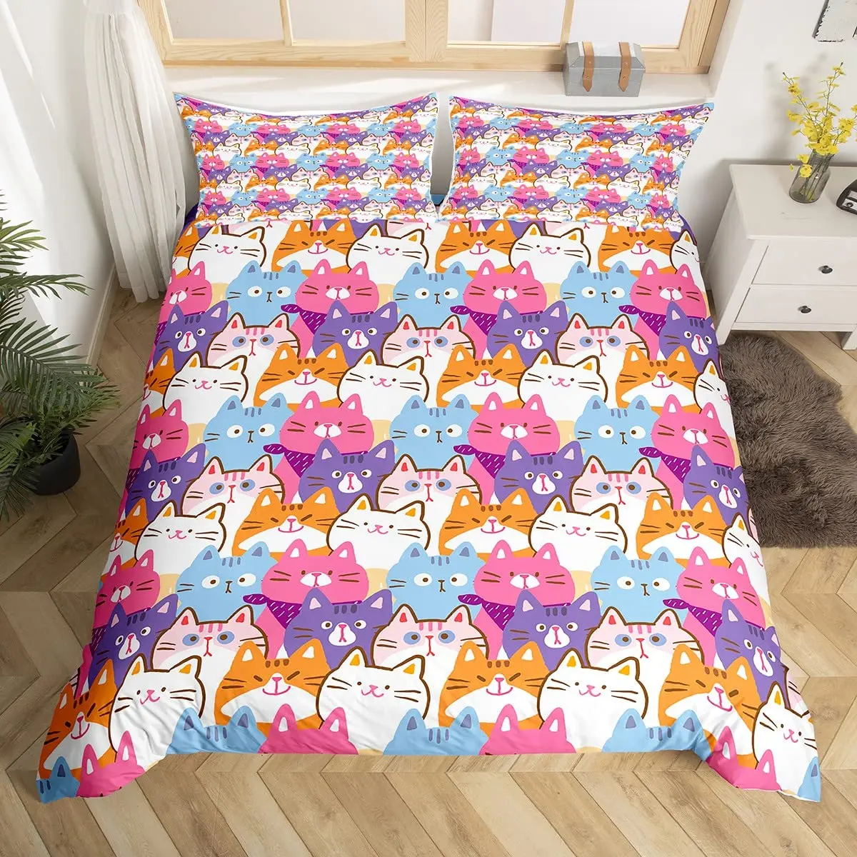 Cartoon Cat Comforter Cover King Queen Kitten Bedding Set,Cute Abstract Animal Duvet Cover Kids Boys Girls Bedroom Quilt Cover