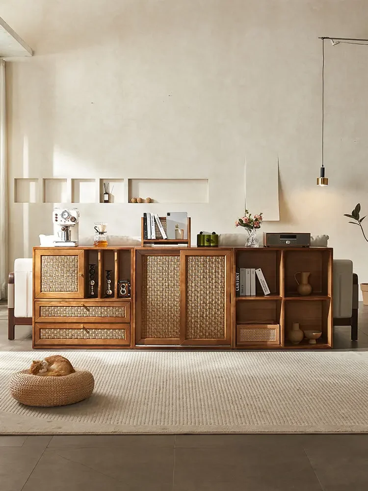 Solid wood rattan TV cabinet simple modern medieval art side drawer storage cabinet Japanese style entrance