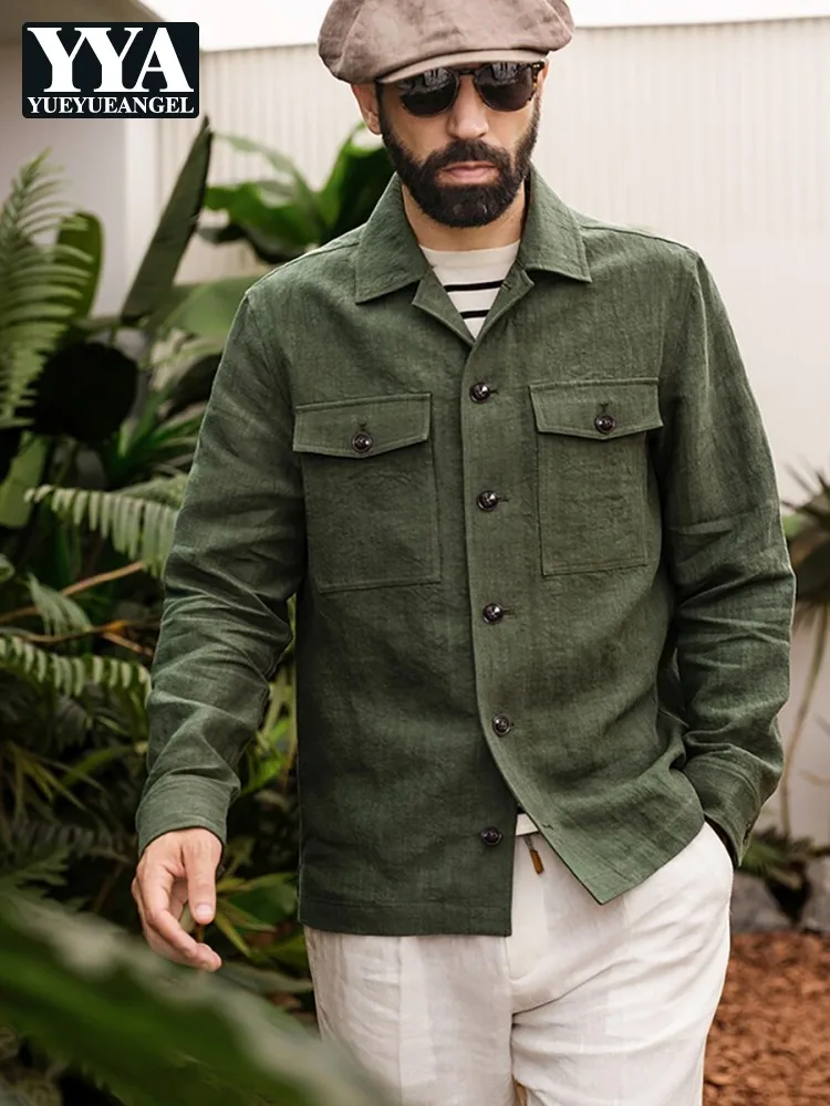 Classic Retro Male 100% Linen Workwear Jacket Spring Summer Mens Lapel Collar Single Breasted Coat Comfortable Thin Outerwear