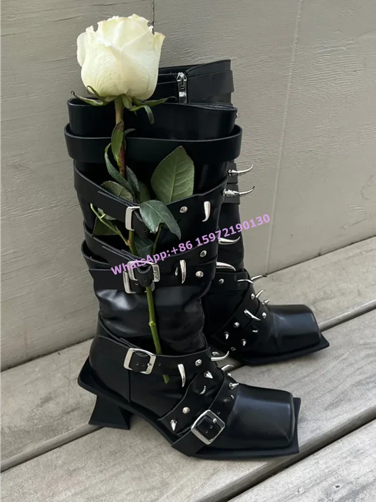 

Rivet Multi Buckle Boots Square Toe Strange Style Heels Slip On Black Hotties Fashion Sexy Shoes Sharp Spike Metal Punk Shoes