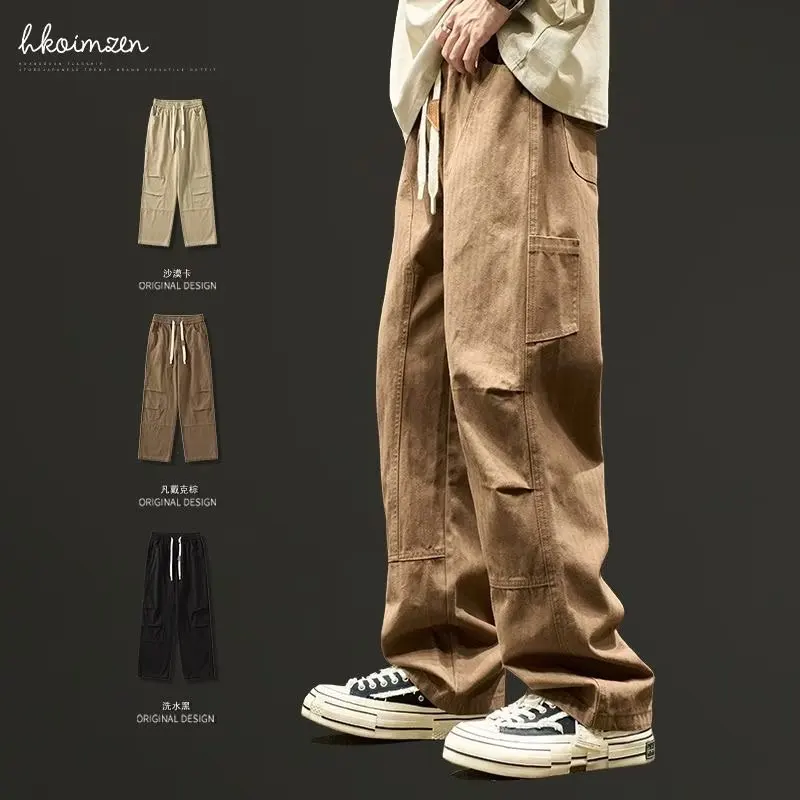 Men Cargo Pant Long Wide Leg Pants Casual Loose Straight Trousers Pockets Splice Solid High Waist Regular Autumn Winter